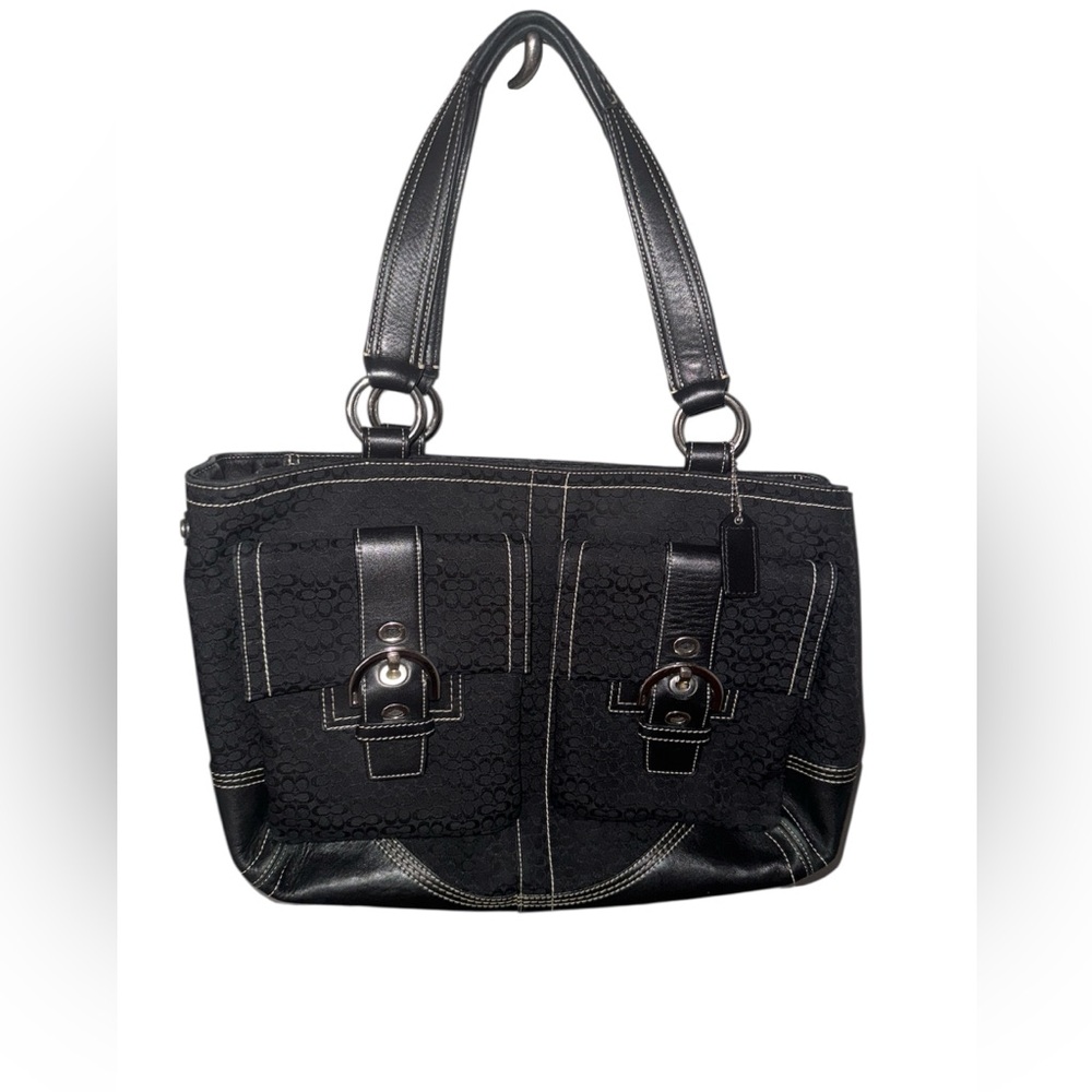 Coach Leather Canvas Shoulder Bag Black Signature Pattern